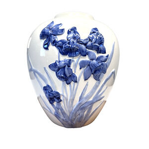 Pereiras Portugal Hand Painted Blue &White Floral Vase Ceramic Pottery